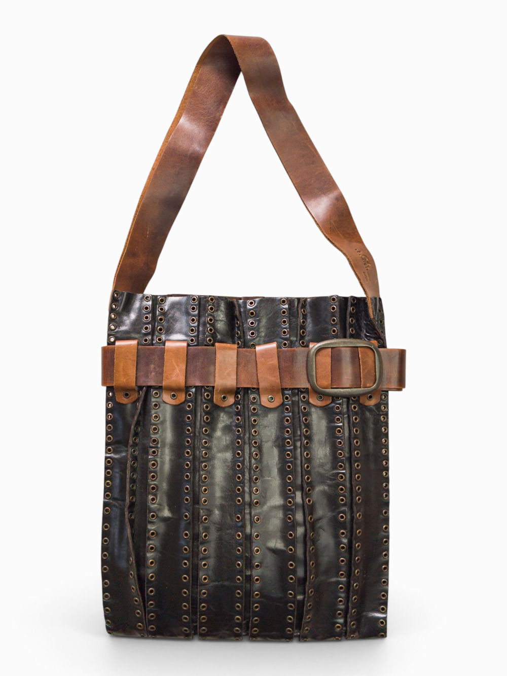 Rebel Designs Italian Leather Eyelet Shoulder Bag, Black & Brown, 12.5x15.5"
